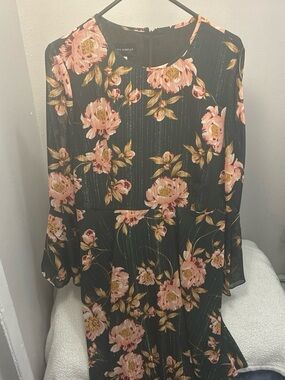 Donna Morgan Black Long-Sleeve Floral Peplum Dress with Pink Blooms